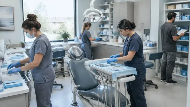 Clinical team preparing a treatment room and organizing practice supplies