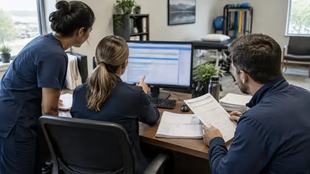 Clinic operations team coordinating claims follow-up at a desk