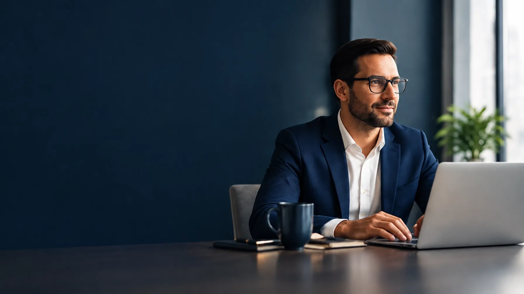 Business owner working at a laptop in a bright office